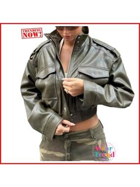 Faux Leather Cropped Stand Collar Moto Jacket